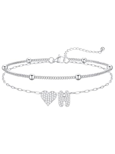FaithHeart Initial Ankle Bracelets for Women Waterproof, Silver/Black/14k Gold Plated CZ Heart Initial Anklets Non Tarnish Stainless Steel Anklets for Women - color: Silver, size: H