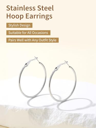 FindChic Thin Hoop Earrings for Women,Silver/Black/Gold Plated 20-100mm - color: Silver, size: 40mm