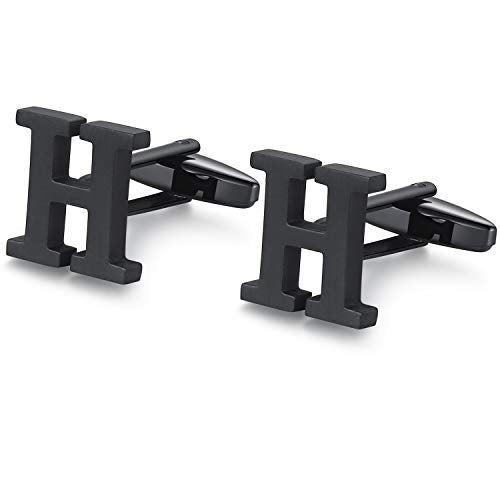 HONEY BEAR Initial Letter Cufflinks for Men Wedding Business | Personalized, Tarnish-Resistant, Steel-Plated Copper Base, Gift Box, for Groomsmen, Father, Husband, Anniversary - style: H Black