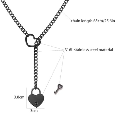 Heart O Ring Slip Chain Choker Necklace for Women Men Stainless Steel Cuban Chain Y-shape Necklaces Punk Rock Collar Adjustable Lariat Y Necklace Prom Necklaces Jewelry - color: Black lock
