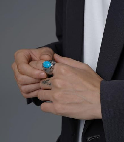 Retro Large Tiger Eye Stone Turquoise Wedding Ring For Men Classical Gothic Stainless Steel Rings - color: Silver-Turquoise2