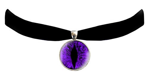 Victorian Vault Cat Dragon Eye Black Velvet Choker Steampunk Gothic Pendant Necklace - color: Purple