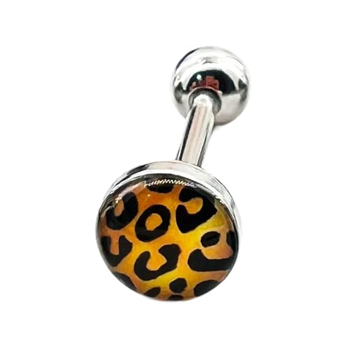 Leopard Print Tongue Ring for Women 14G Stainless Steel Circle Straight Barbell Tongue Rings Internally Threaded 5/7 Inches Piercing Jewelry - color: Yellow