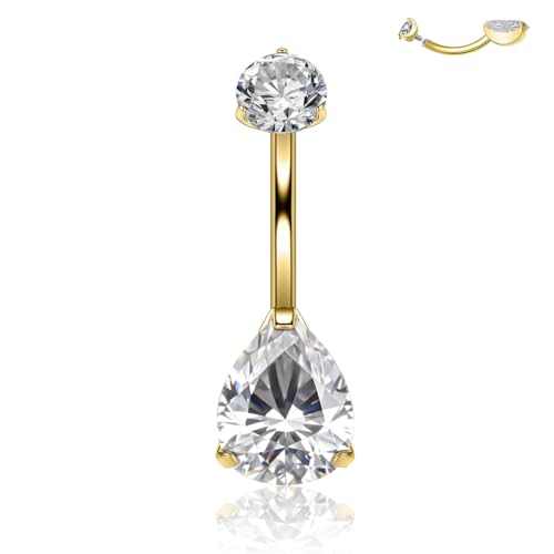 Titanium Floating Belly Button Rings 14G, ASTM F136 Implant-Grade Curved Barbell, Internal Thread with 6mm Teardrop Gems, Sparkle Navel Piercing Jewelry, 10mm/12mm Length - color: Teardrop Gold-Clear CZ, size: 1/2"(12mm)