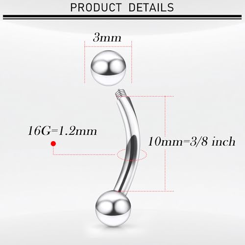 18G-00G Eyebrow Rings Internally Threaded Snake Eyes Piercing Jewelry Tongue Surgical Steel Curved Barbell Vertical Lip Labret Rook Daith Earrings Piercing Jewelry for Women Men 6mm-19mm - color: silver, size: 16G(1.2mm)-10mm barbells-3mm Balls