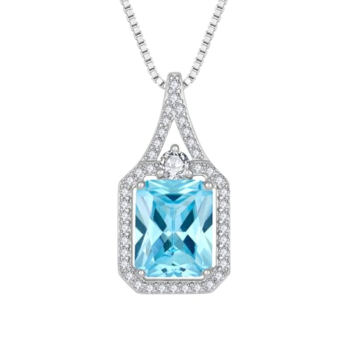 Created Gemstone Necklace 925 Sterling Silver Halo Rectangular Pendant Birthstone Necklaces Jewelry Gifts for Women - color: 03 March - Aquamarine