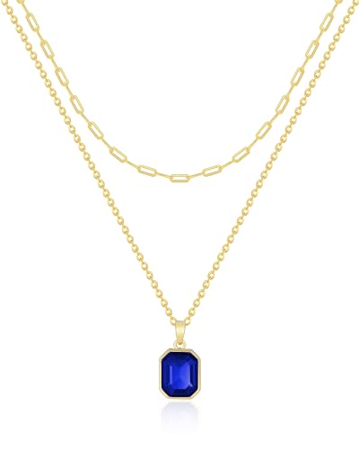Gold Layered Necklaces for Women, 18k Gold Plated Crystal Necklace Paperclip Choker Emerald Green Jewelry for Women Gifts - color: Royal Blue