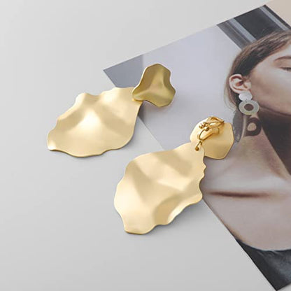Gold Metal Clip On Earrings for Women Non Pierced Dangle Drop Earrings Multiple Styles - color: gold leaf