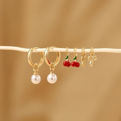Freekiss Gold Huggie Earrings with 3 Charms for Women | 14K gold-plated huggie hoops with cherry, bow, and pearl charms for interchangeable daily styling, parties, and gifts - color: Pearl Cherry Bow-GD