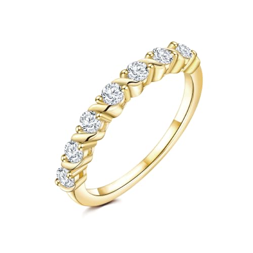 Stackable Half Eternity Rings for Women 14K Gold Plated Wedding Band | Cubic Zirconia/Emearld/Ruby/Sapphire 2.5mm Thin Promise Ring for Mom Wife friends - color: CZ/14K Gold Plated
