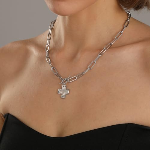Bheop Chunky Cross Necklace for Women, 14K Gold Silver Statement Necklace | Sturdy Paperclip Chain, Hammered Pendant, Vintage Charm, Trendy Costume Jewelry, Faith Christian Religious Gift, Non Tarnish - style: SL-Toggle Necklace(0.8 inch Pendant)