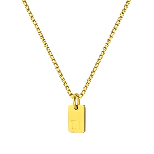 Gold Plated Square Initial Necklace Waterproof A-Z Letter Pendant on Thin Chain - Dainty, Stackable Jewelry for Women - color: Golden-U, size: F