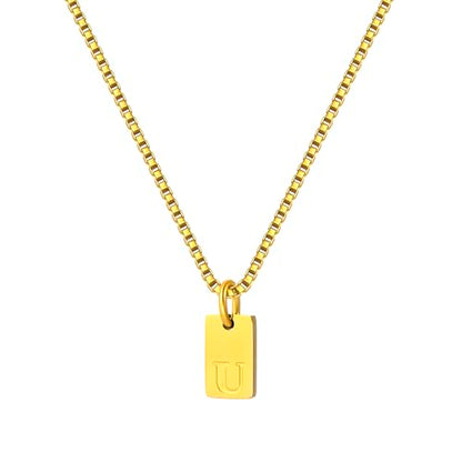 Gold Plated Square Initial Necklace Waterproof A-Z Letter Pendant on Thin Chain - Dainty, Stackable Jewelry for Women - color: Golden-U, size: F