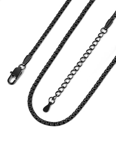 Bandmax Solid Stainless Steel Flat Box Link Chains 2MM/4MM/6MM/8MM Silver/Gold/Black Rolo Cable Chain Necklaces for Men Women 14"-30" Length, Gift Packed - color: 02 2MM-Black Plated