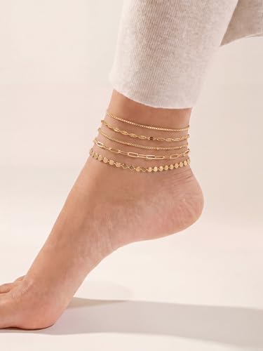 14K Gold/Silver Plated Anklets for Women Layered Anklet Set | Non Tarnish Waterproof Brass Ankle Bracelet, Adjustable Lightweight Dainty Hypoallergenic Chain, Beach Vacation Summer Gift - style: Style6