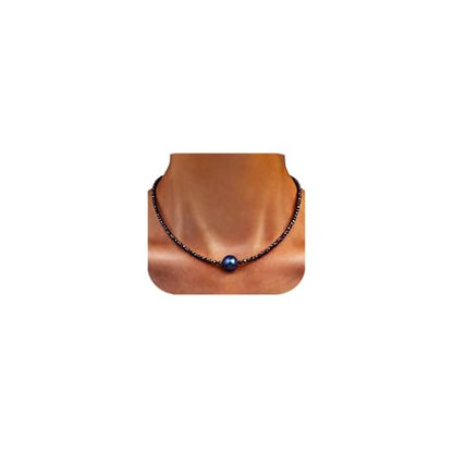 Single Pearl Choker Pendant Necklaces for Women, Natural Gemstone Womens Black Stone Beaded Choker Necklace, Dainty Round Freshwater Pearl Handmade Jewelry Gift Women Birthday Bridesmaids Anniversary 16 18 inch - color: 03-black, size: 16"