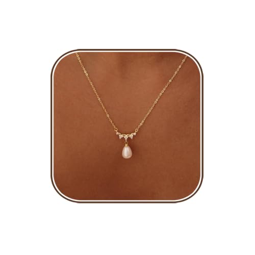 Pearl Necklaces for Women,Dainty Gold Pendant Necklaces Waterproof Jewelry | 14K Gold Plated Pearl Necklaces,Dainty Elegant Wedding Necklace,Small Cute Adjustable Minimalist Necklace,Non Tarnish Jewelry - color: GOLD-5