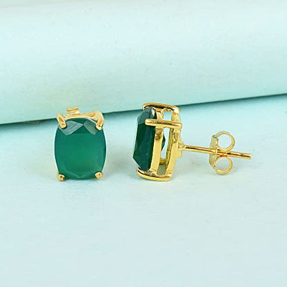 Women's 18K Gold Plated 8x10mm Princess Cut Gemstone Stud Earrings – Birthstone Jewelry for Her – Classic Cushion Studs - color: Green Onyx