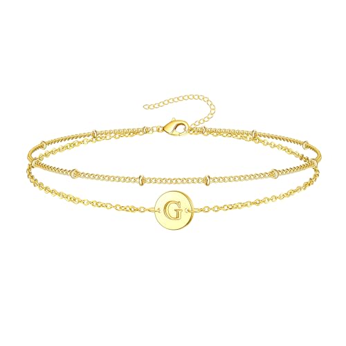 Inerney Personalized Gold Initial Bracelets for Women - Dainty 14K Gold Plated Layered Disc Monogram Charm Bracelet, Customizable A-Z Letter Jewelry Gift for Her - color: G, size: 8.5 inches gold