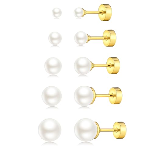 JINERA 5 Pairs Stud Earrings for Women 14K Plated Gold/Silver Pearl Ball Small Stud Earrings Set Cartilage Piercing Hypoallergenic Lightweight Flatback Earrings Jewelry Gifts for Women - color: 1 Pair Flat Back Pearl Earrings - Gold