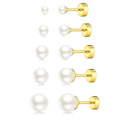 JINERA 5 Pairs Stud Earrings for Women 14K Plated Gold/Silver Pearl Ball Small Stud Earrings Set Cartilage Piercing Hypoallergenic Lightweight Flatback Earrings Jewelry Gifts for Women - color: 1 Pair Flat Back Pearl Earrings - Gold