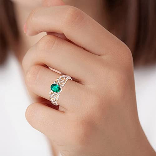 PRAYMOS 925 Sterling Silver Ring Birthstone Ring Turquoise Moss White Opal Ring for Women Celtic Knot Open Adjustable Thrumb Ring - color: Green Emerald