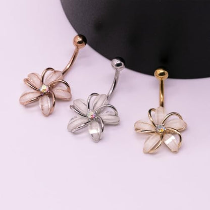 VERAMI 14G 316L Flower Belly Button Ring Surgical Steel Cute Flower Belly Button Ring Body Piercing Jewelry - color: SILVER & ROSE GOLD