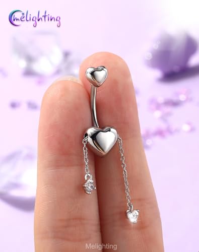Melighting 14G Gold Belly Button Ring Dangle Chain, 10 mm Stainless Steel Belly Piercing Jewelry with CZ Heart Star Design, Cute Silver Navel Ring for Beach Daily Wear Women - color: Steel Heart