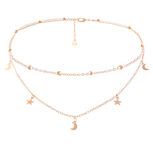 BaubleStar Star Moon Charm Necklace Layering Chain Choker for Women - color: Titanium Steel/Rose Gold