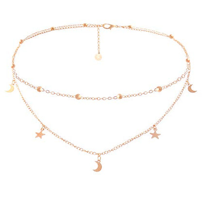 BaubleStar Star Moon Charm Necklace Layering Chain Choker for Women - color: Titanium Steel/Rose Gold