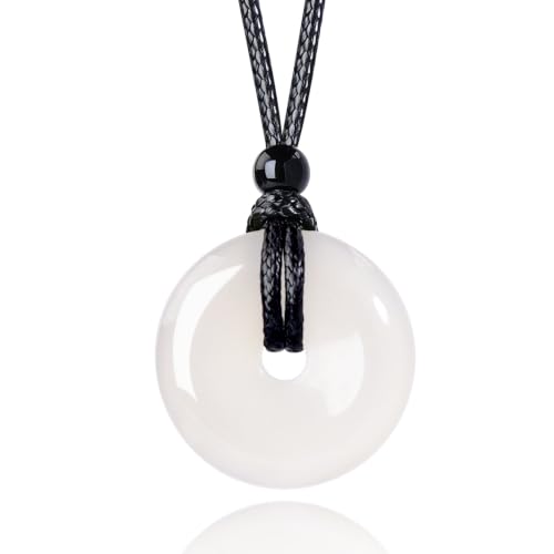 Anjiucc Natural Gemstone Pendant Necklce Lucky Coin Crystal Necklace Donut Pendnat with Adjustable Rope Healing Crystal for Men - color: White Chalcedony