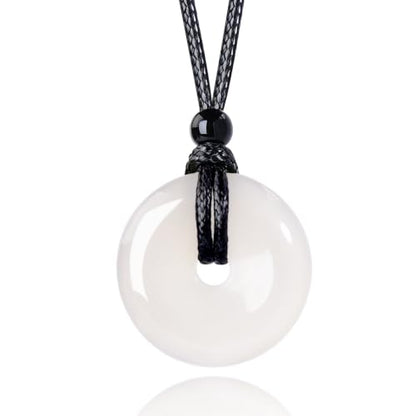 Anjiucc Natural Gemstone Pendant Necklce Lucky Coin Crystal Necklace Donut Pendnat with Adjustable Rope Healing Crystal for Men - color: White Chalcedony