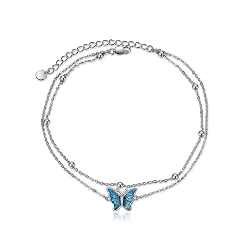 925 Sterling Silver Cat Butterfly Anklets Double Layered Chain for Birthday Women Ankle Bracelet Summer Beach Dainty Jewelry - style: A-Butterfly Anklet