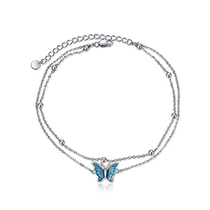 925 Sterling Silver Cat Butterfly Anklets Double Layered Chain for Birthday Women Ankle Bracelet Summer Beach Dainty Jewelry - style: A-Butterfly Anklet
