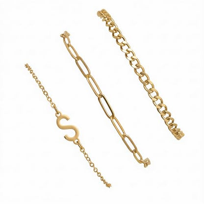 3PCS Gold Bracelet Set for Women, 14K Gold Plated Initial Letter Jewelry, Layered Paperclip and Cuban Chain Stack, Adjustable Stainless Steel Gift - style: Initial-S