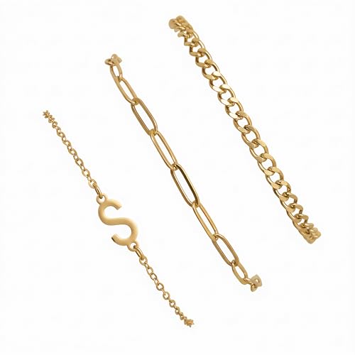 3PCS Gold Bracelet Set for Women, 14K Gold Plated Initial Letter Jewelry, Layered Paperclip and Cuban Chain Stack, Adjustable Stainless Steel Gift - style: Initial-S
