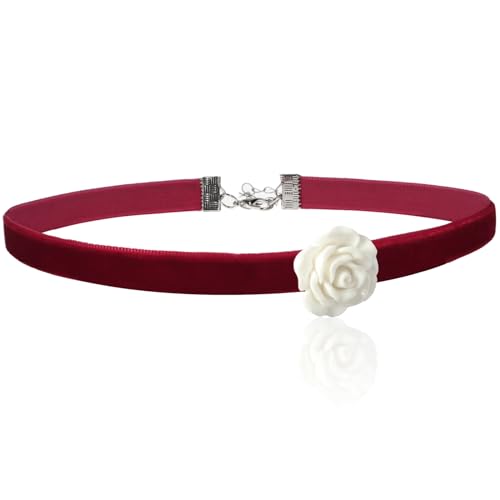 Handcrafted Velvet Choker Necklace with Exquisite Camellia Pendant Fashion Jewelry for Women - color: RED01W