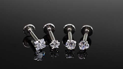 HQLA 16G Love/Star/Square/Round Shape Clear CZ Labret Monroe Lip Ring Tragus Nail Helix Earring Stud Piercing Jewelry Surgical Stainless Steel Bar 8mm CZ 3mm 4 Pairs