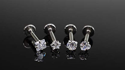 HQLA 16G Love/Star/Square/Round Shape Clear CZ Labret Monroe Lip Ring Tragus Nail Helix Earring Stud Piercing Jewelry Surgical Stainless Steel Bar 8mm CZ 3mm 4 Pairs