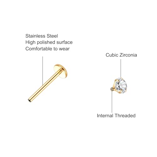 Xpircn Flat Back Stud Earrings 14K Gold Plated Internally Threaded CZ Stud Piercing Jewelry for Tragus Helix Cartilage Conch Nose Hypoallergenic Lip Labret Medusa Piercing 16G 18G - color: 18 Gauge, Gold, size: 12mm Bar