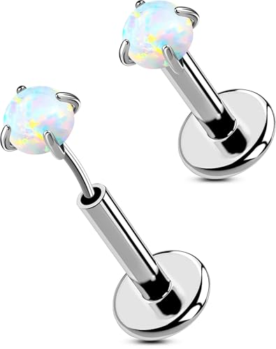OUFER 2PCS 16G/20G Nose Lip Studs, G23 Solid Titanium Threadless Push in Nose Nostril Lip Labret Medusa Monroe Helix Cartilage Tragus Conch Lobe Piercing Jewelry for Women Men - color: Silver bar, Claw Opal, size: 2pcs, 16g 5mm, 2.5mm Opal