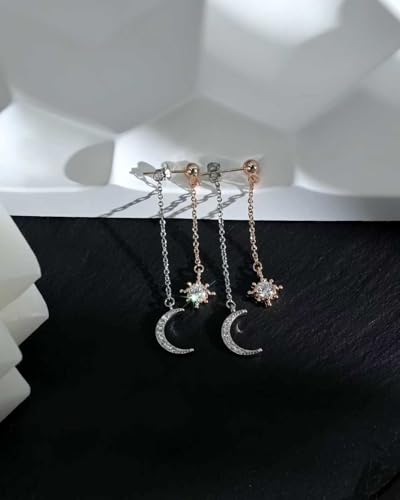 Moon and Star Dangle Earrings | Chain Tassel with Cubic Zirconia Drop Front and Back Earrings Celestial Jewelry for Wedding Gift - color: Rose Gold and Silver