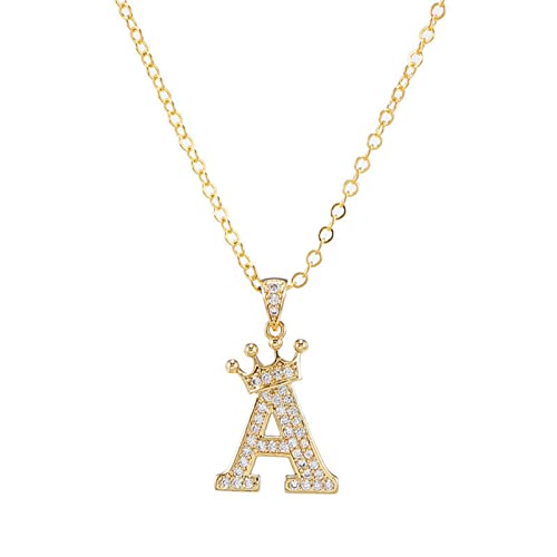 Pingyongchang Letter A-Z pendant necklace Crown letter pendant Charming initials chain necklace, inlaid crystal letter necklace - color: crown-A