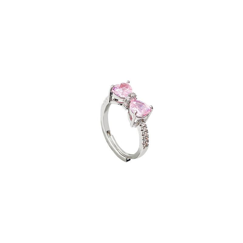 Pink Cubic Zirconia Cute Bowknot Finger Rings 925 Sterling Silver 14K Gold Plated Adjustable Rhinestone Butterfly Bowkont Open Rings Wedding Jewelry for Women（Pink） - color: Pink