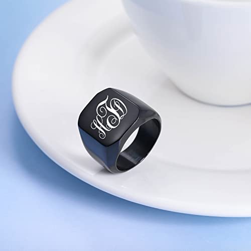 INBLUE Personalized Engraved Initial Monogram Signet Rings for Man Women Stainless Steel Rings Customize Jewelry with Ring Size Adjuster - color: Black: Monogram