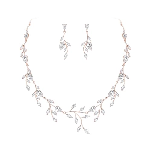 Cubic Zirconia Leaf Vine Wedding Jewelry Set for Bride Women Bridesmaid | Pear-Shaped Birthstone, Necklace Dangle Earrings for Bridesmaid, Silver-Plated-Brass - color: 2pcs_Clear Rose Gold-Plated-Brass