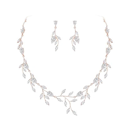 Cubic Zirconia Leaf Vine Wedding Jewelry Set for Bride Women Bridesmaid | Pear-Shaped Birthstone, Necklace Dangle Earrings for Bridesmaid, Silver-Plated-Brass - color: 2pcs_Clear Rose Gold-Plated-Brass