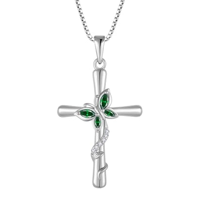 Cross Necklace for Women 925 Sterling Silver Butterfly Necklace Birthstone Pendant Created Gemstone Jewelry Gifts for Women - color: 05 May - Emerald