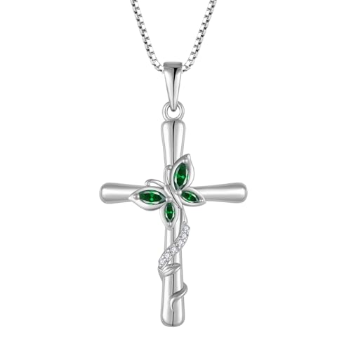 Cross Necklace for Women 925 Sterling Silver Butterfly Necklace Birthstone Pendant Created Gemstone Jewelry Gifts for Women - color: 05 May - Emerald