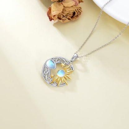 AOBOCO 925 Sterling Silver Moon Sun Star Necklace Celtic Jewelry for Women Girls - color: Silver&Gold&Moonstone
